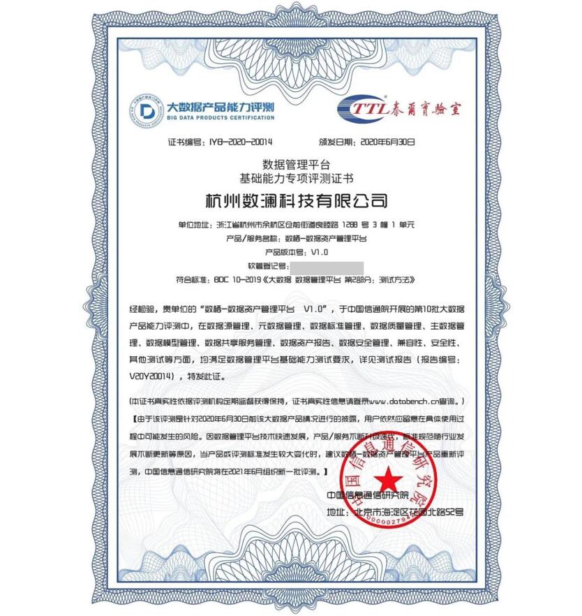 【合作伙伴】數瀾科技“數棲-數據資產管理平臺”通過信通院大數據產品能力評測